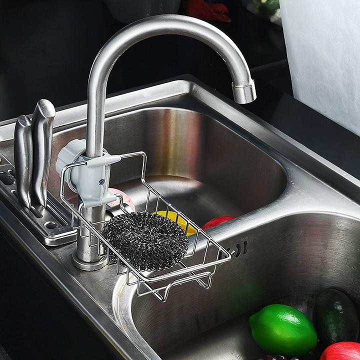 Kệ inox gắn vòi nước đa năng, giá để giẻ rửa bát dụng cụ nhà bếp tiện ích