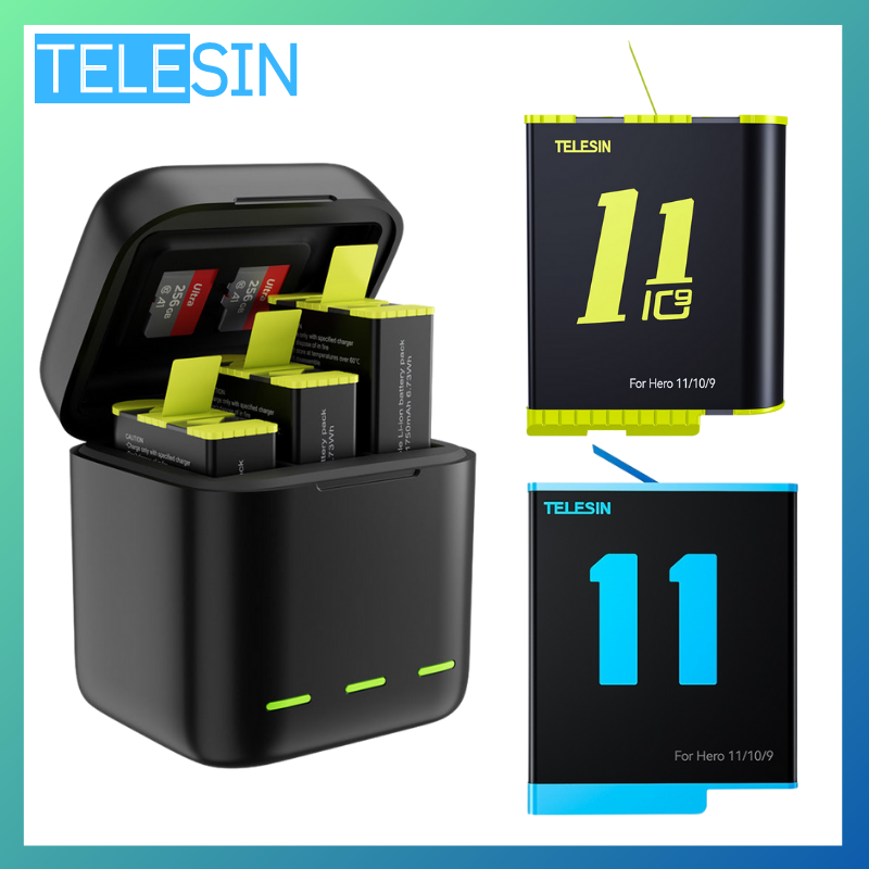 Hộp sạc pin Telesin 3 Slots Storage Bộ sạc 1750 MAH Sạc nhanh cho GoPro Hero 9 10 11 Phụ kiện năng lượng