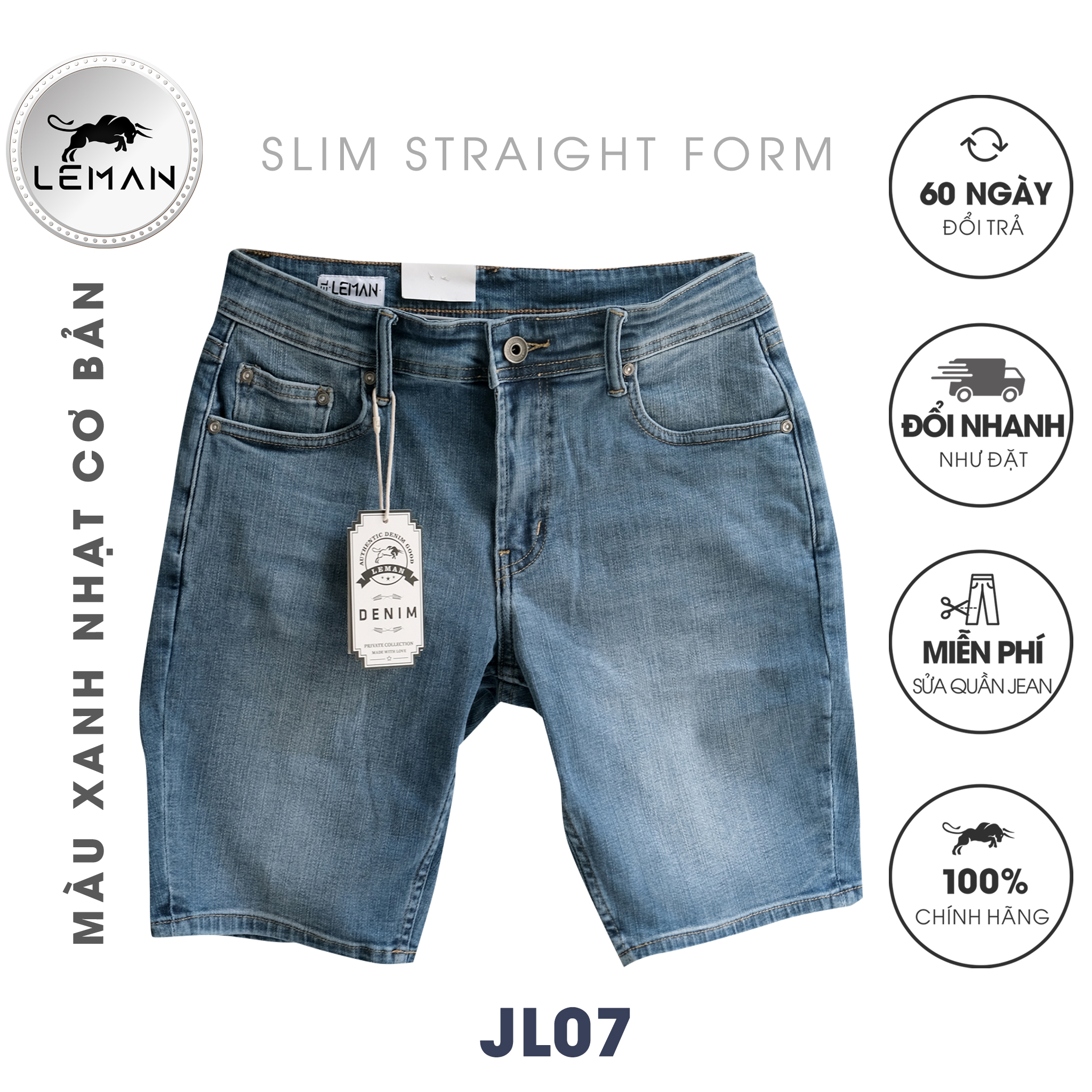 Quần Short Jean nam Leman xanh trơn JL07 - Slim straight Form