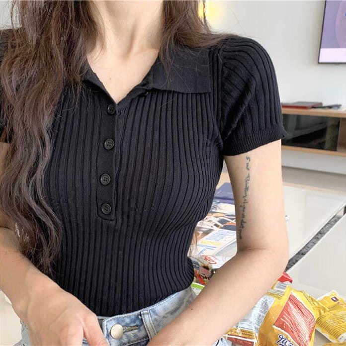 Áo croptop dệt kim tay ngắn cổ polo Happy Store thời trang Hàn Quốc thanh lịch