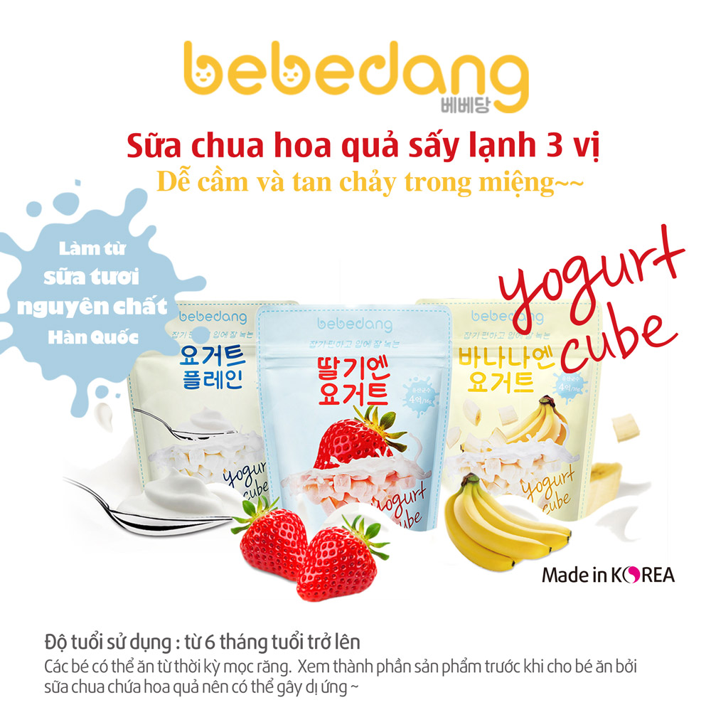 Combo 3 gói sữa chua khô hoa quả sấy lạnh Bebedang - Vị dâu, chuối, sữa chua