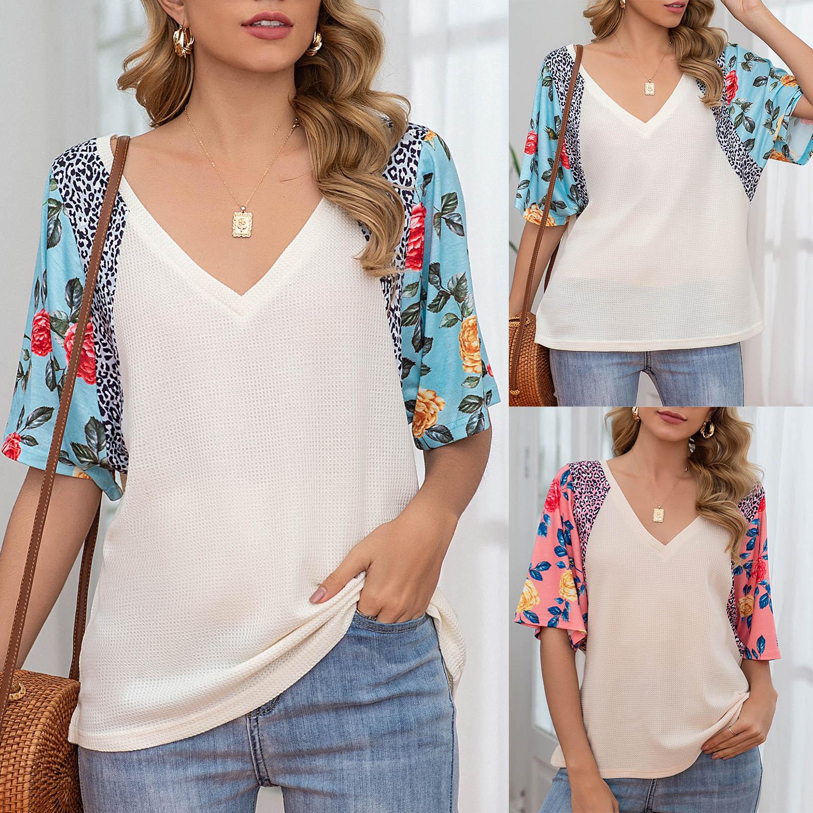 Women Short Sleeve T-shirt Waffle Knit V Neck Floral Leopard Print Splicing Loose Pullover Casual Summer Tops