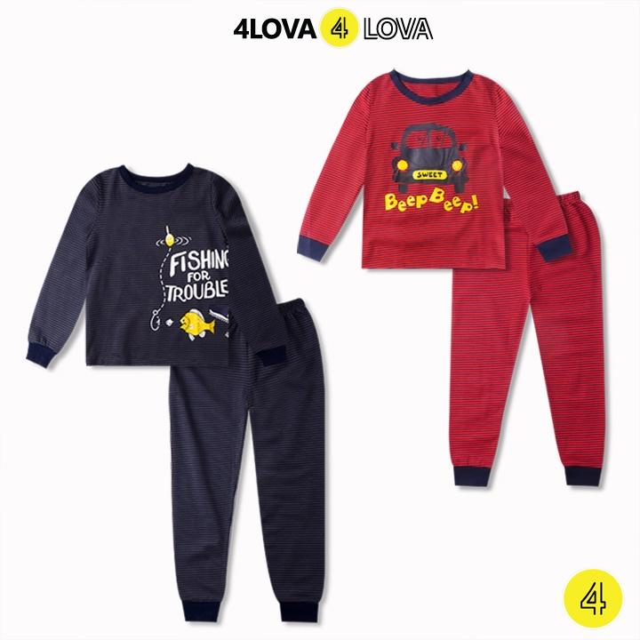 Bộ quần áo dài tay 4LOVA chất thun cotton bo gấu in hình dễ thương thu đông cho bé