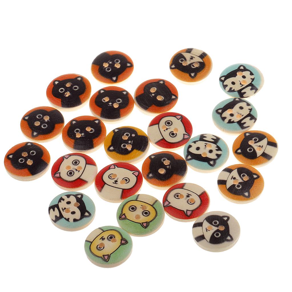 100Pieces Cat Pattern Wooden Round 2 Holes Buttons for Sewing Crafts 15mm