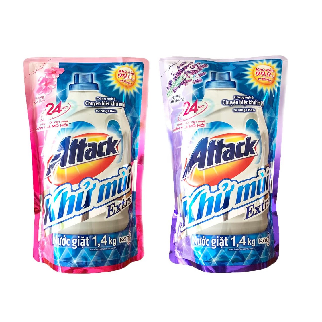 Combo Mix  2 Túi Nước Giặt Attack Khử Mùi Extra Hương Hoa 1.4L (1.4L x 2)