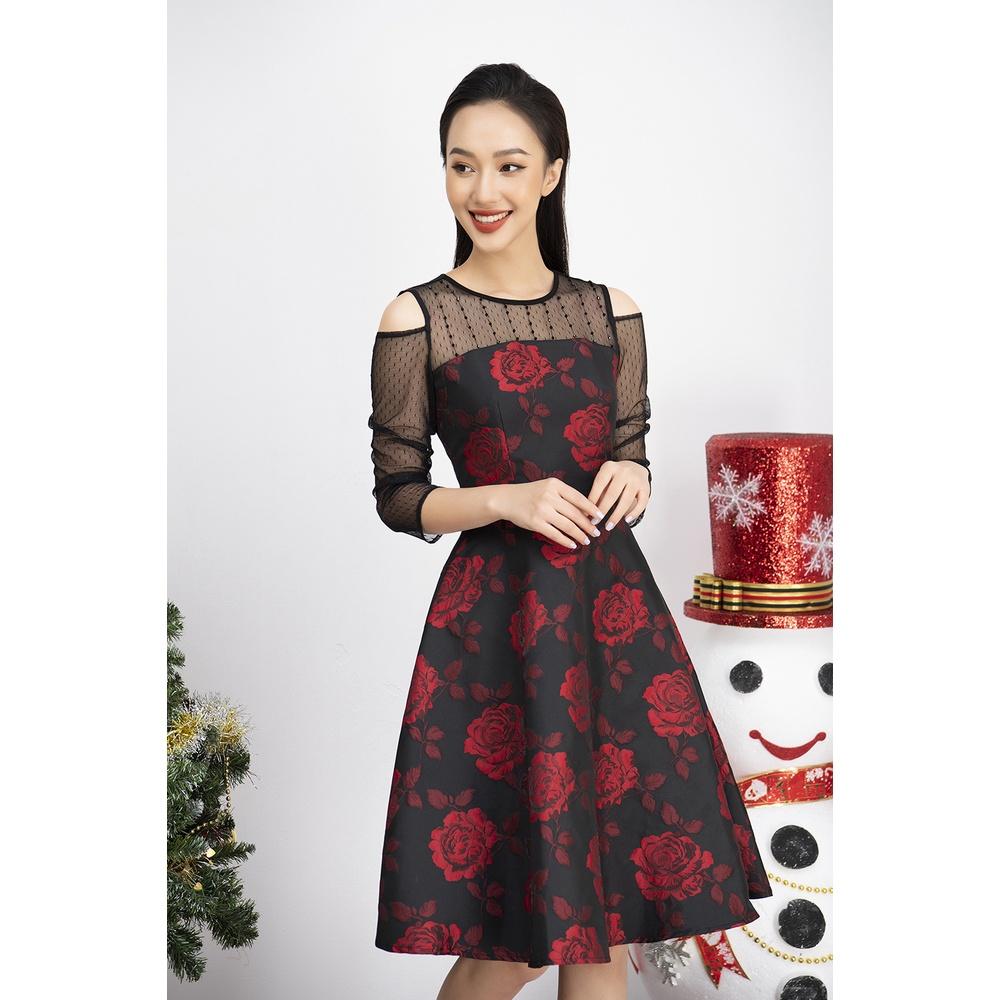 Đầm Nữ LUPERI LFV3122 Dáng Xòe Chất Liệu Tap ta họa tiết hoa hồng phối tay lưới đính đá