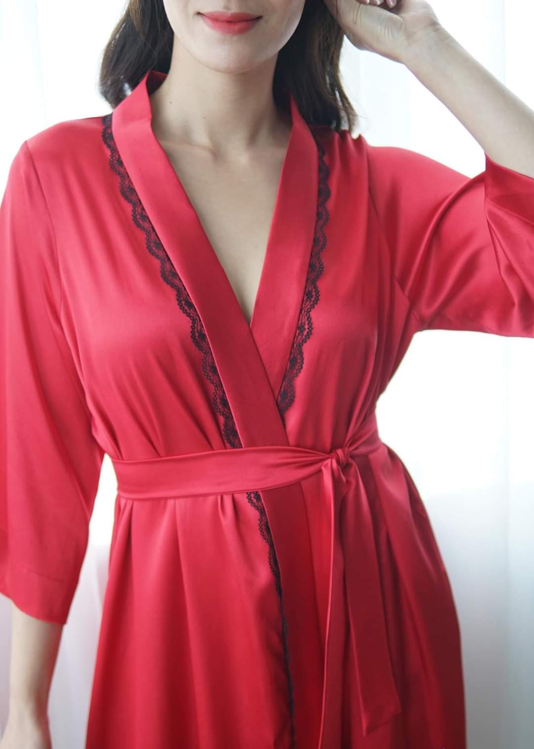 -Áo choàng ngủ lụa phối ren sang chảnh-Màu đỏ