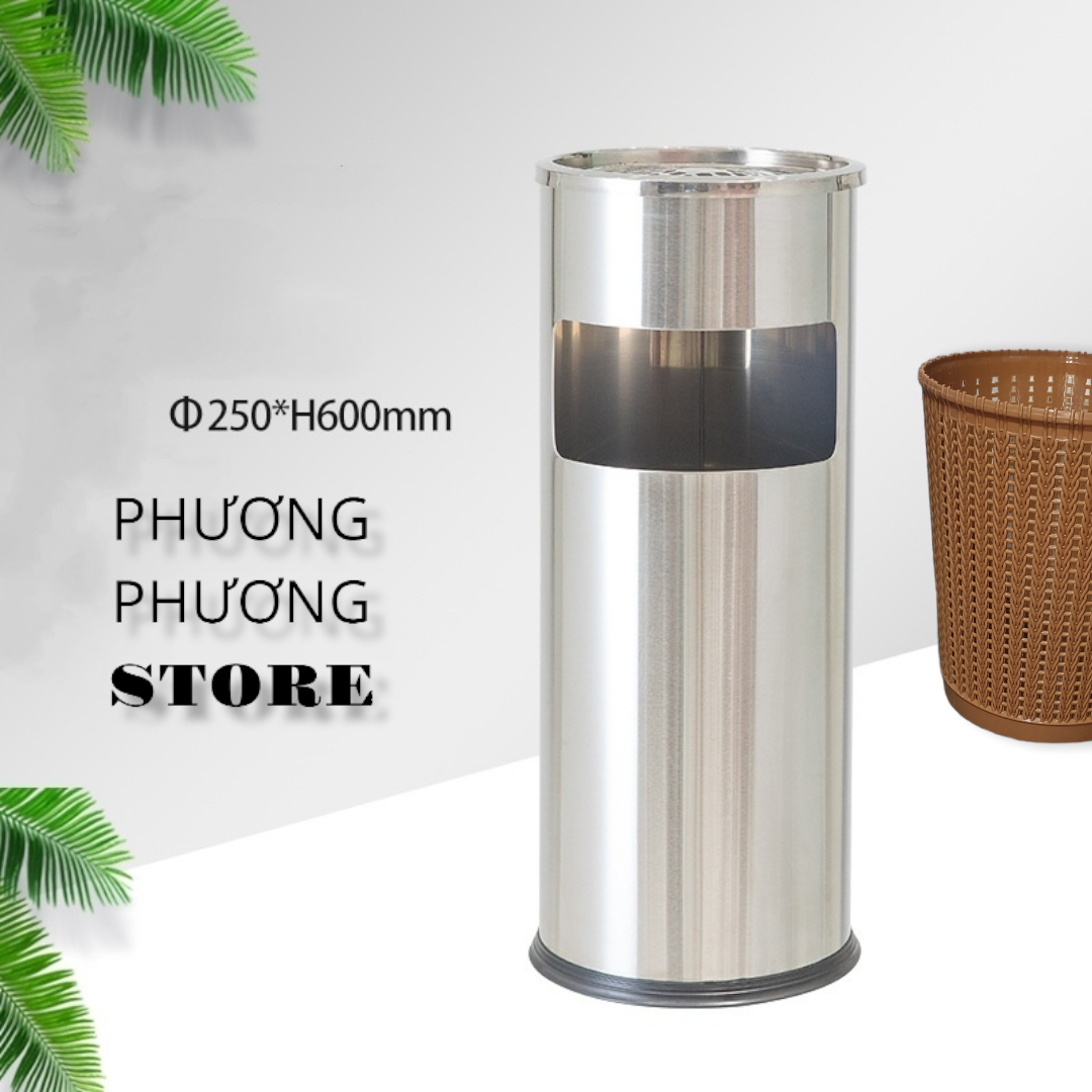 ( Hàng Cao Cấp ) Thùng rác inox tròn A 35, thùng rác inox gạt tàn tròn Dành cho khách sạn nhà hàng quán ăn và gia đình ( Tặng sọt tròn mây )