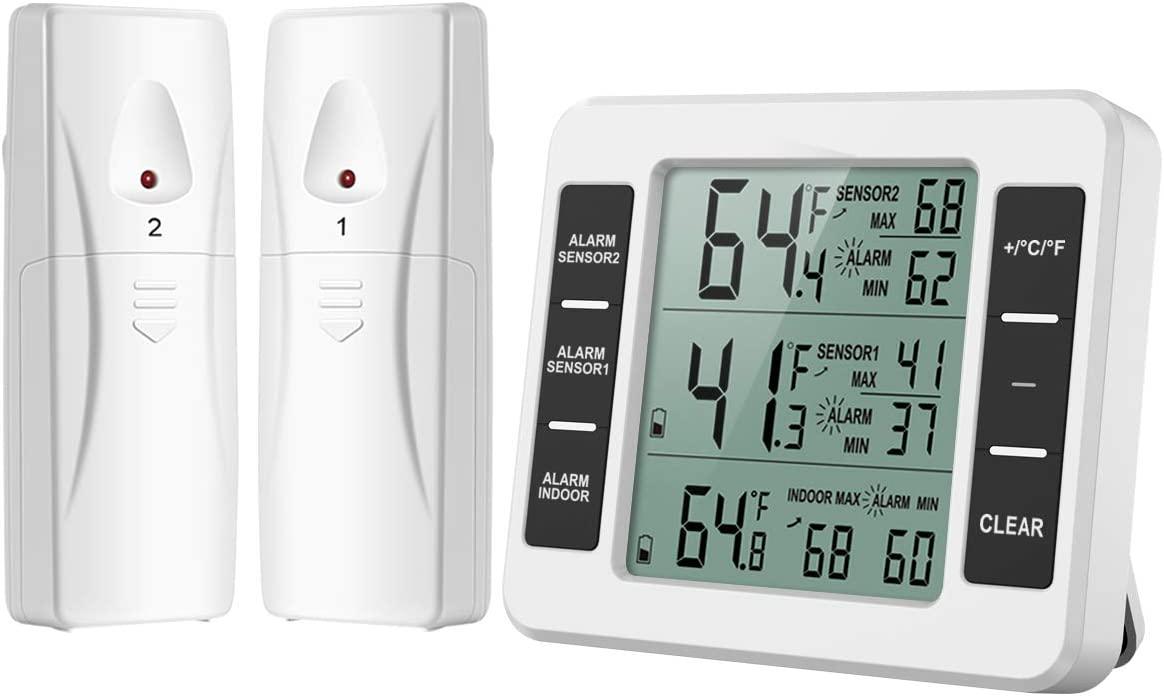 Nhiệt kế tủ lạnh, Nhiệt kế tủ lạnh không dây với 2 cảm biến, Báo động âm thanh tối thiểu / tối đa, Nhiệt kế trong nhà / ngoài trời cho nhà bếp Nhà hàng Quán cà phê