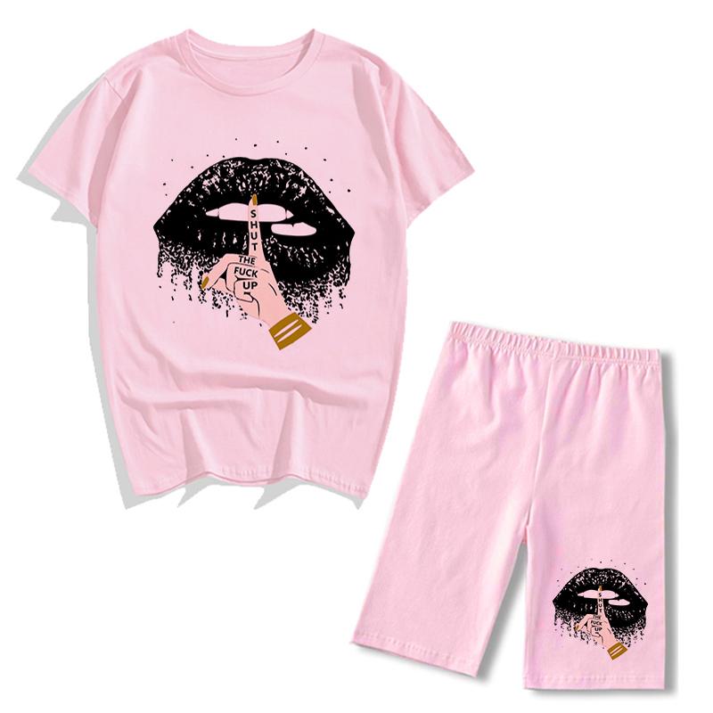 Mùa Hè Lepard Môi In Hình Biker Quần Short 2 Bộ Áo Thun Chui Đầu Nữ Áo Thun Nữ Quần Jogger Short Bộ Nữ Ngắn Phù Hợp Với Áo Trang Phục