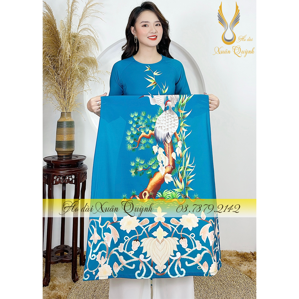 Áo Dài Hoạ Tiết Hồng Hạc Xanh Lam Cây Trúc, Thanh Lịch, Sang Trọng Lụa Habutai Cao Cấp K03 Xanh