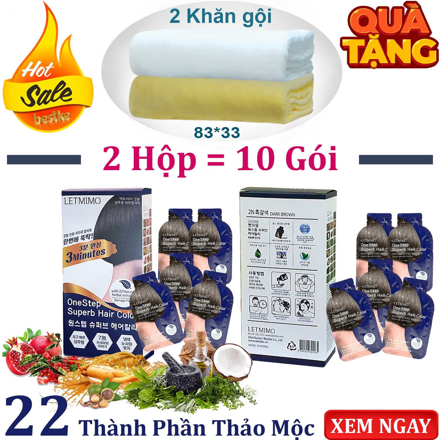 Combo 2 Hộp Màu phủ bạc tóc LETMIMO Nâu Đen_2N, 10 gói + QUÀ TẶNG 2 khăn gội bestke 83*33cm