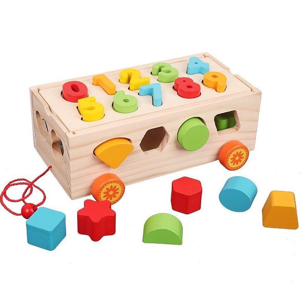 Xe Kéo Thả Hình Khối Và Số Đếm Giúp Bé Phát Triển Trí Não - Đồ chơi gỗ montessori