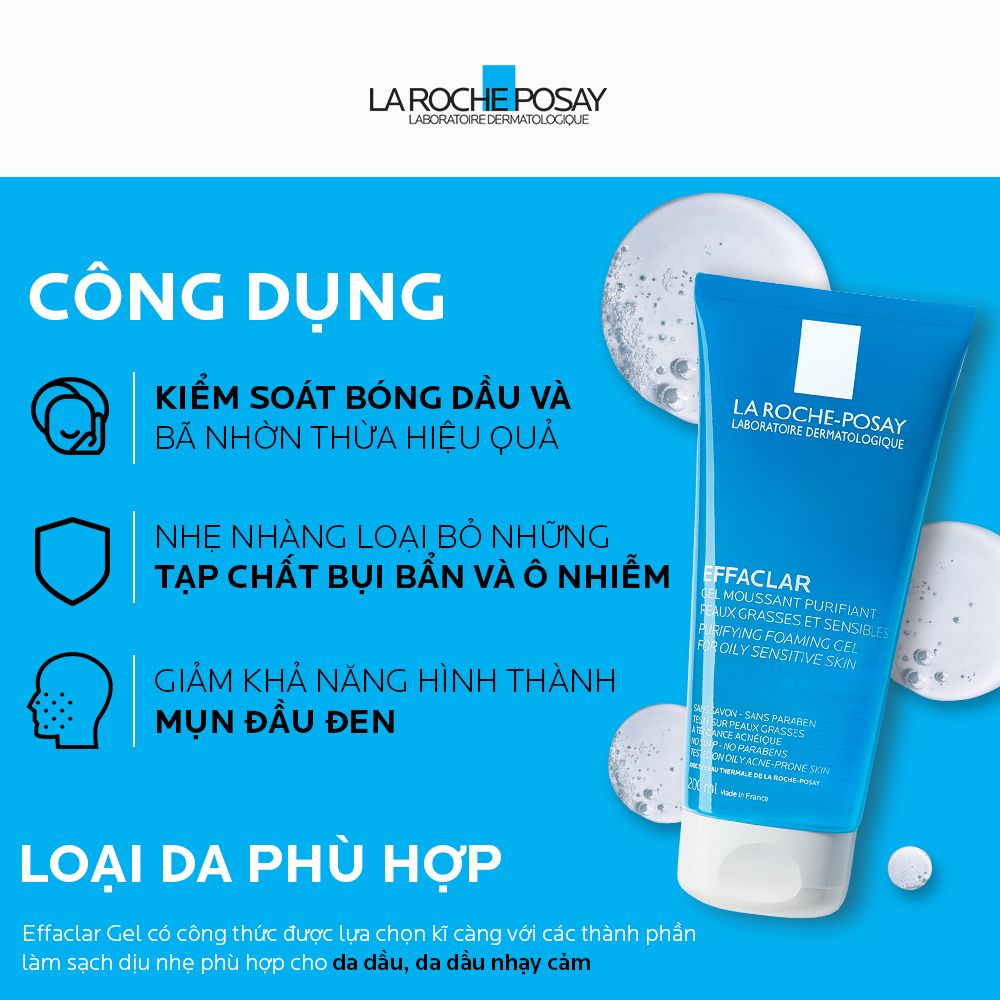 Gel rửa mặt tạo bọt làm sạch &amp; giảm nhờn cho da dầu nhạy cảm La Roche-Posay Effaclar Purifying Foaming Gel (200ml)