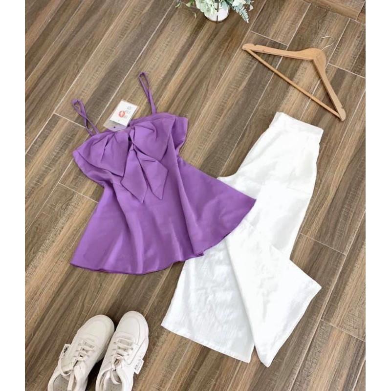 Set Bộ Áo 2 Dây Màu Tím Hottrend Phối Nơ Và Quần Trắng Siêu Yêu LH83