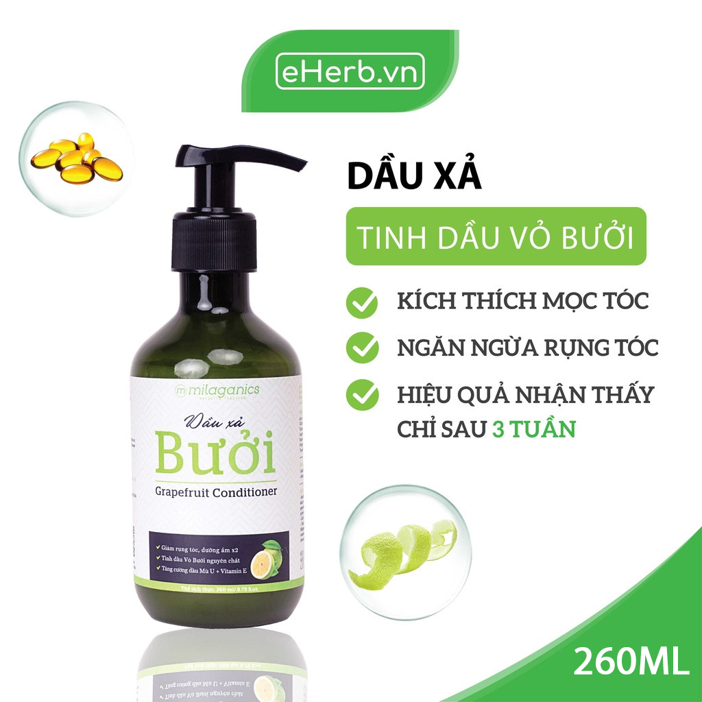 Dầu xả Milaganics Chiết Xuất Từ Tinh Dầu Bưởi Nguyên Chất, Giảm và Ngăn Ngừa Rụng Tóc, Kích Thích Mọc Tóc 260ml/Chai (Mẫu Mới)