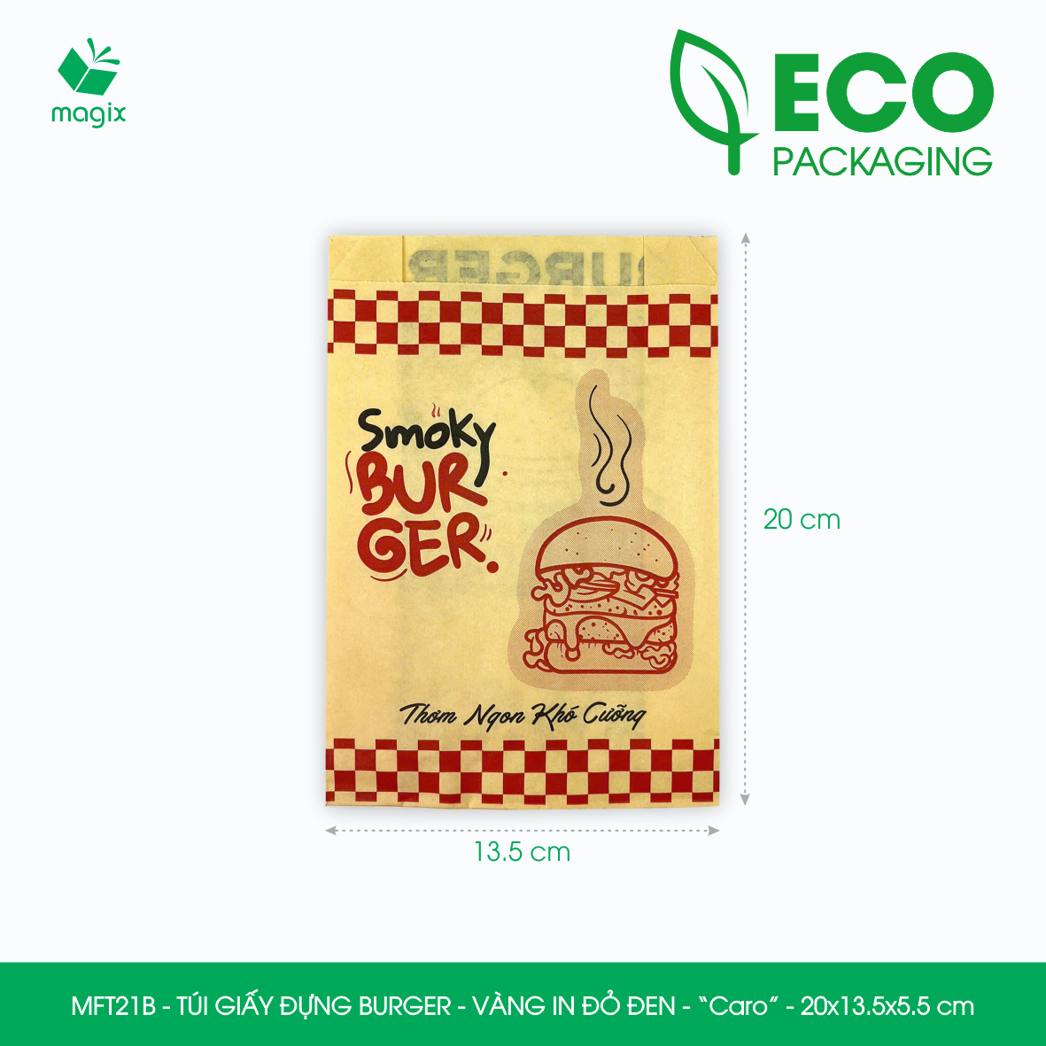 MFT21B - 20x13.5x5.5 cm - 500 Túi giấy Kraft đựng hamburger, túi giấy burger, túi đựng thực phẩm