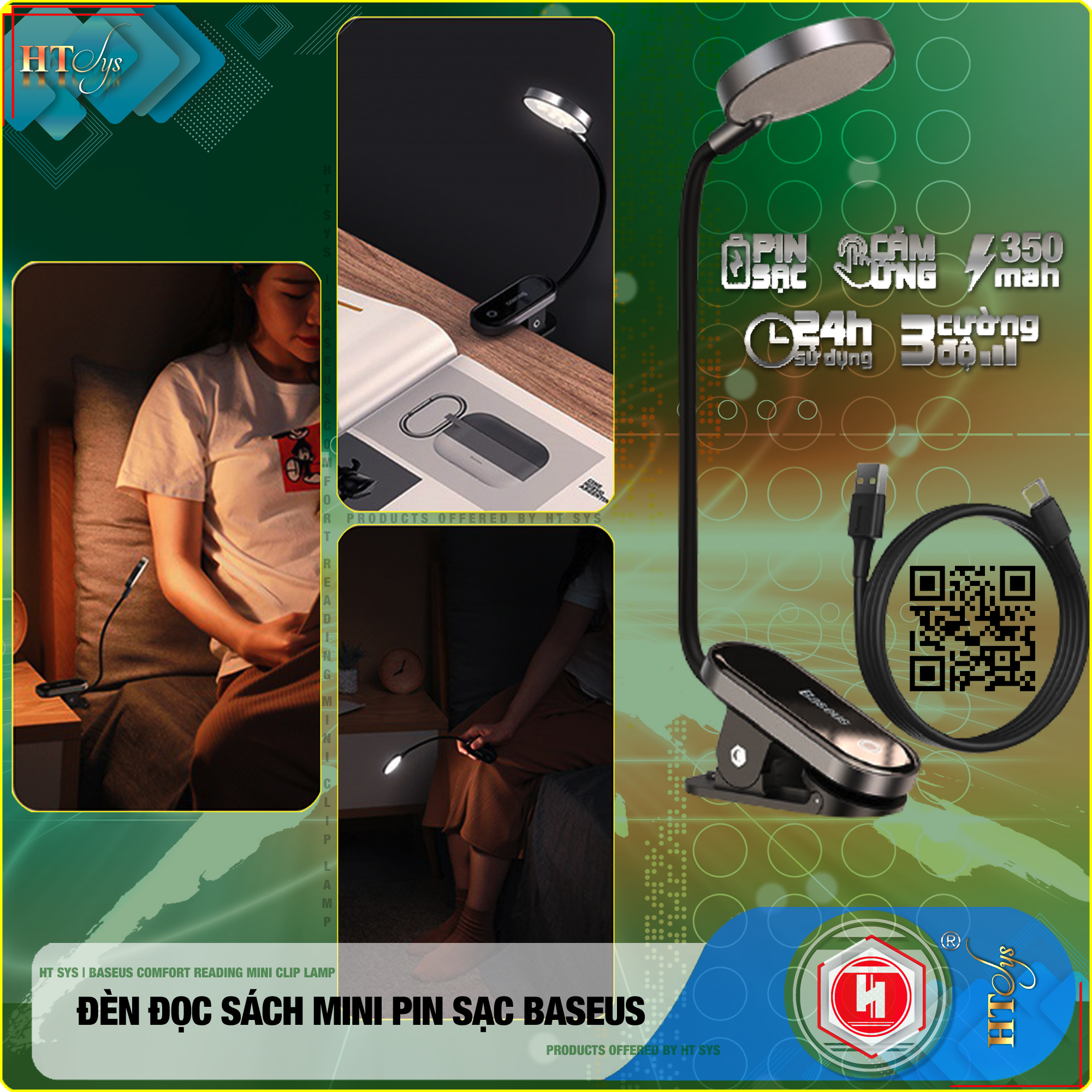 Đèn đọc sách mini HT SYS - Baseus Comfort Reading Mini Clip Lamp - (350mAh - 5V - 4000K - 24H sử dụng - Phím cảm ứng) - Hàng Nhập Khẩu