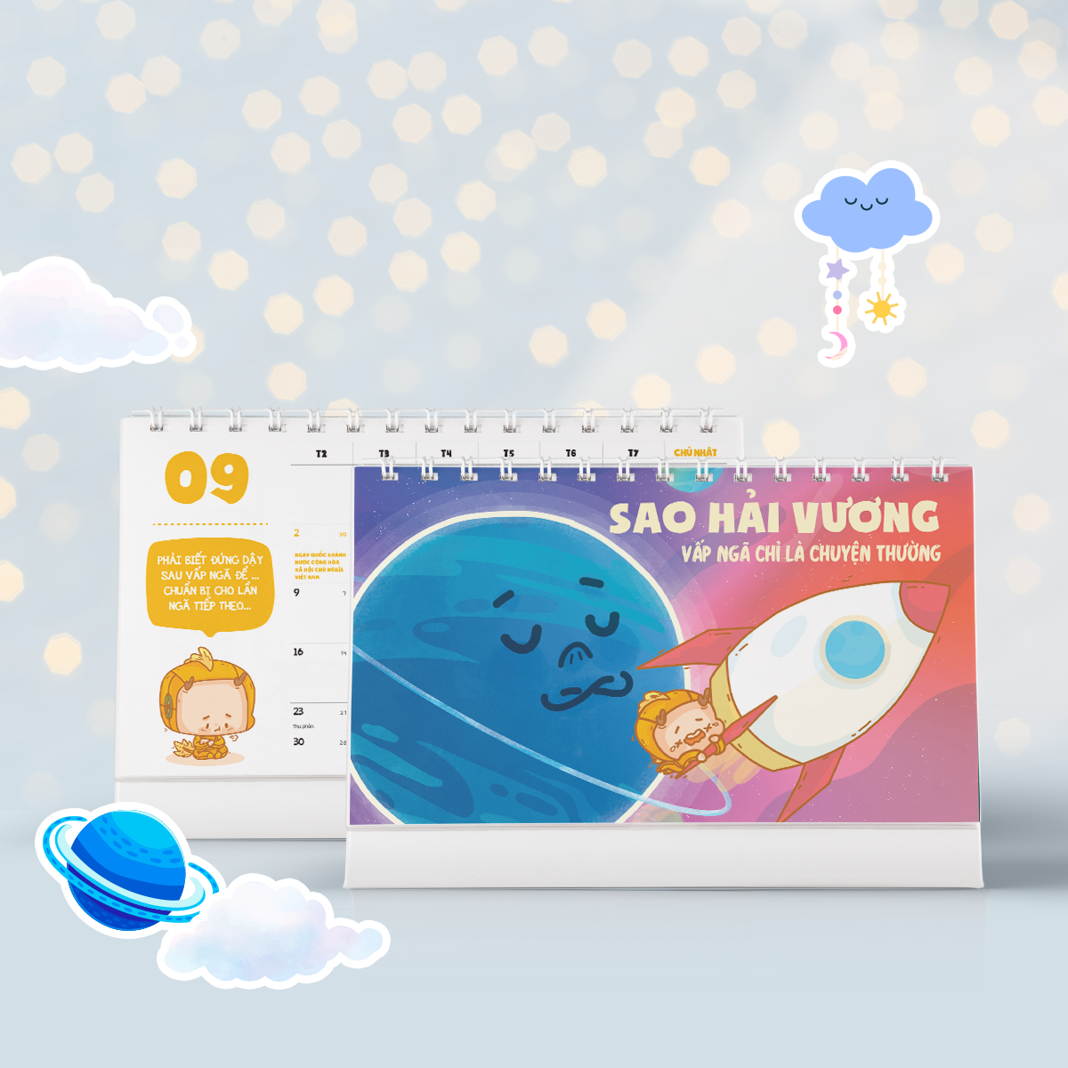 Lịch bàn 2024 Thông Thái Tinh Khôn SDstationery, 21x16x6 cm, dễ thương vui nhộn, minh họa vũ trụ, hành tinh, hệ mặt trời