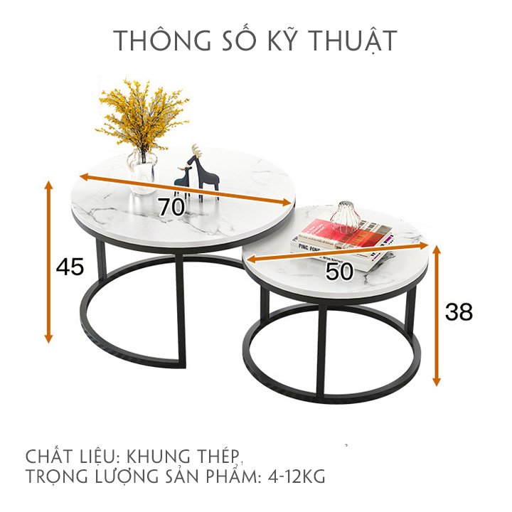 Bàn trà tròn đôi chân sắt mặt giả đá sang trọng - Bàn trà đôi phòng khách chân thép cao cấp