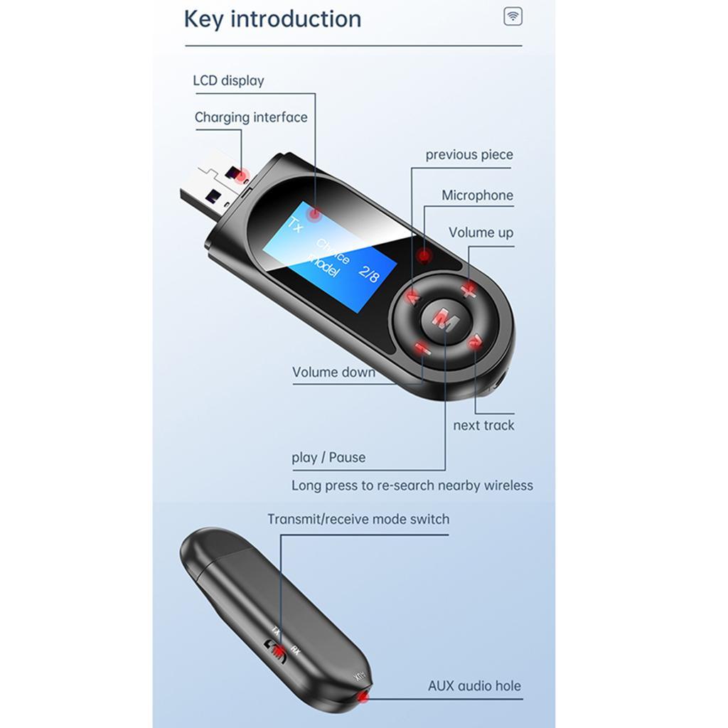 2 in 1 LCD USB Bluetooth 5.0 Adapter Stereo Audio Receiver &