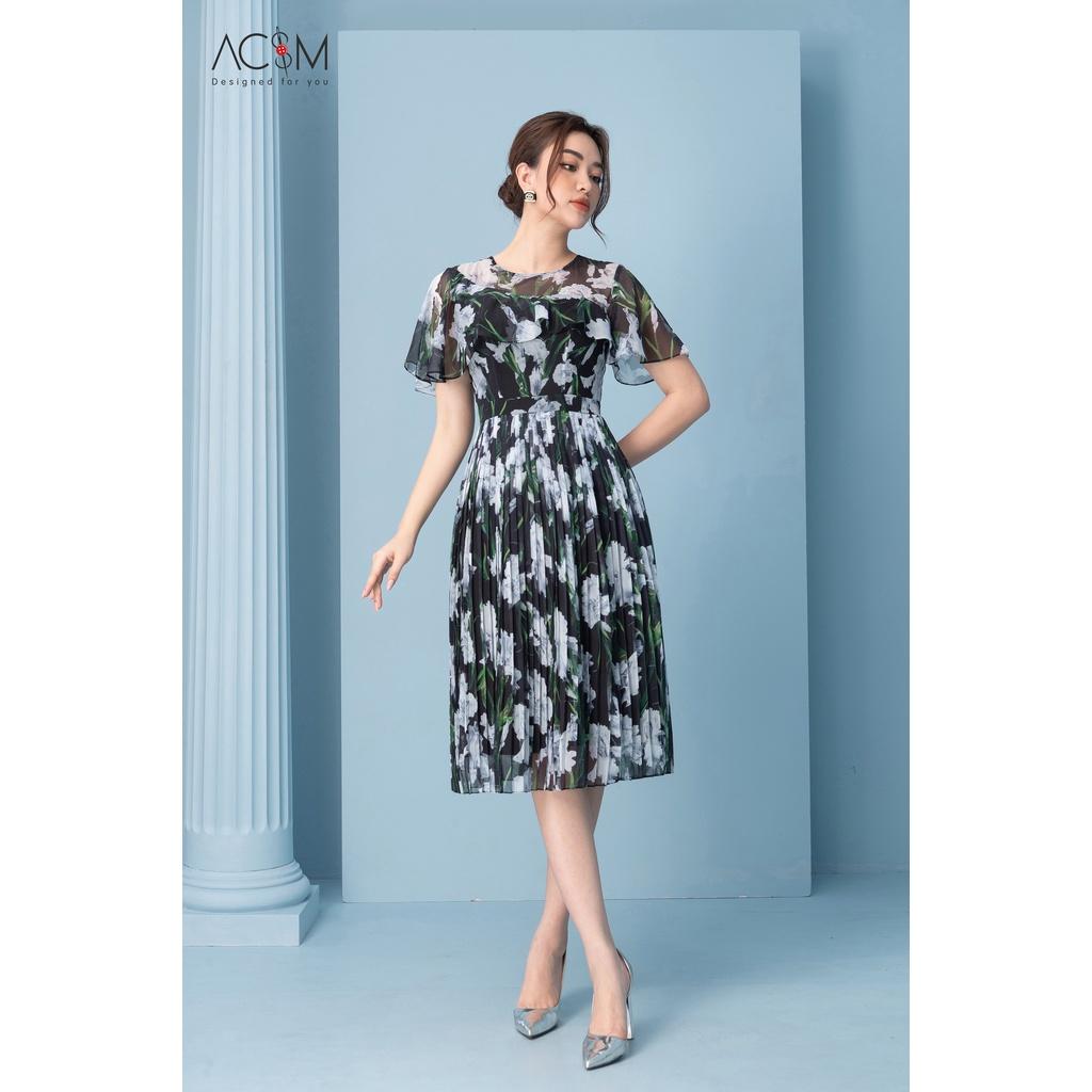 Đầm hoa tà ngực AC&M chất liệu voan tơ hàn màu xanh đen