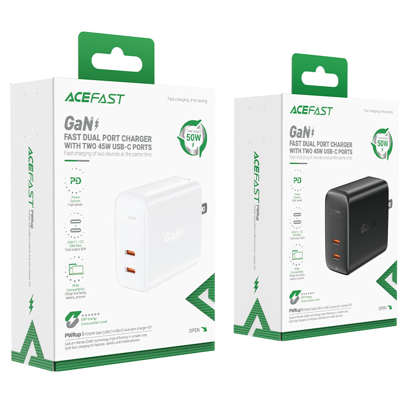 Sạc Acefast PD 50W GaN 2 cổng USB-C (US) - A31 Hàng chính hãng Acefast