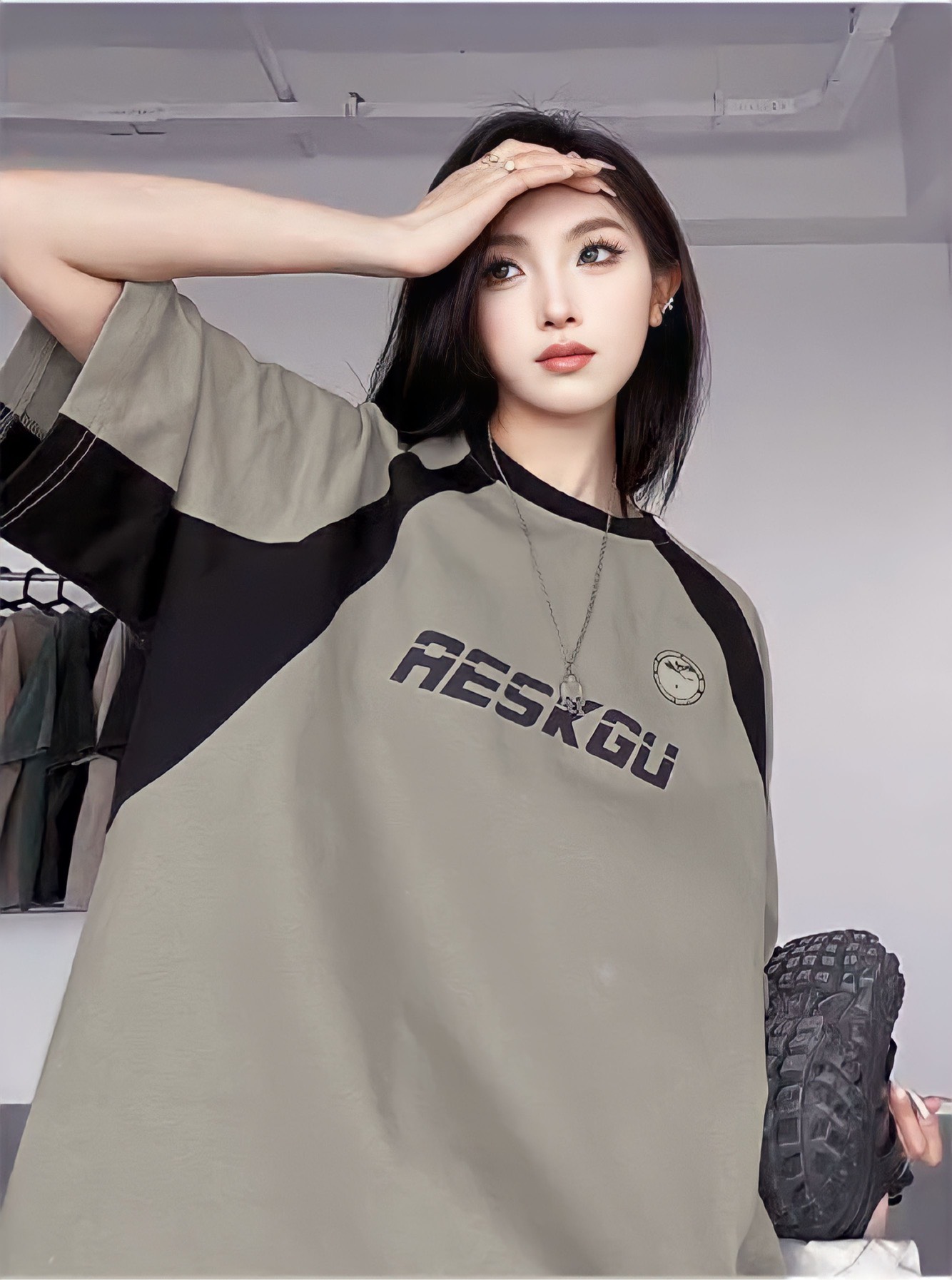 Áo phông nam nữ form rộng 2N Unisex blokecore Aeskgu phối màu đen/hồng/nâu