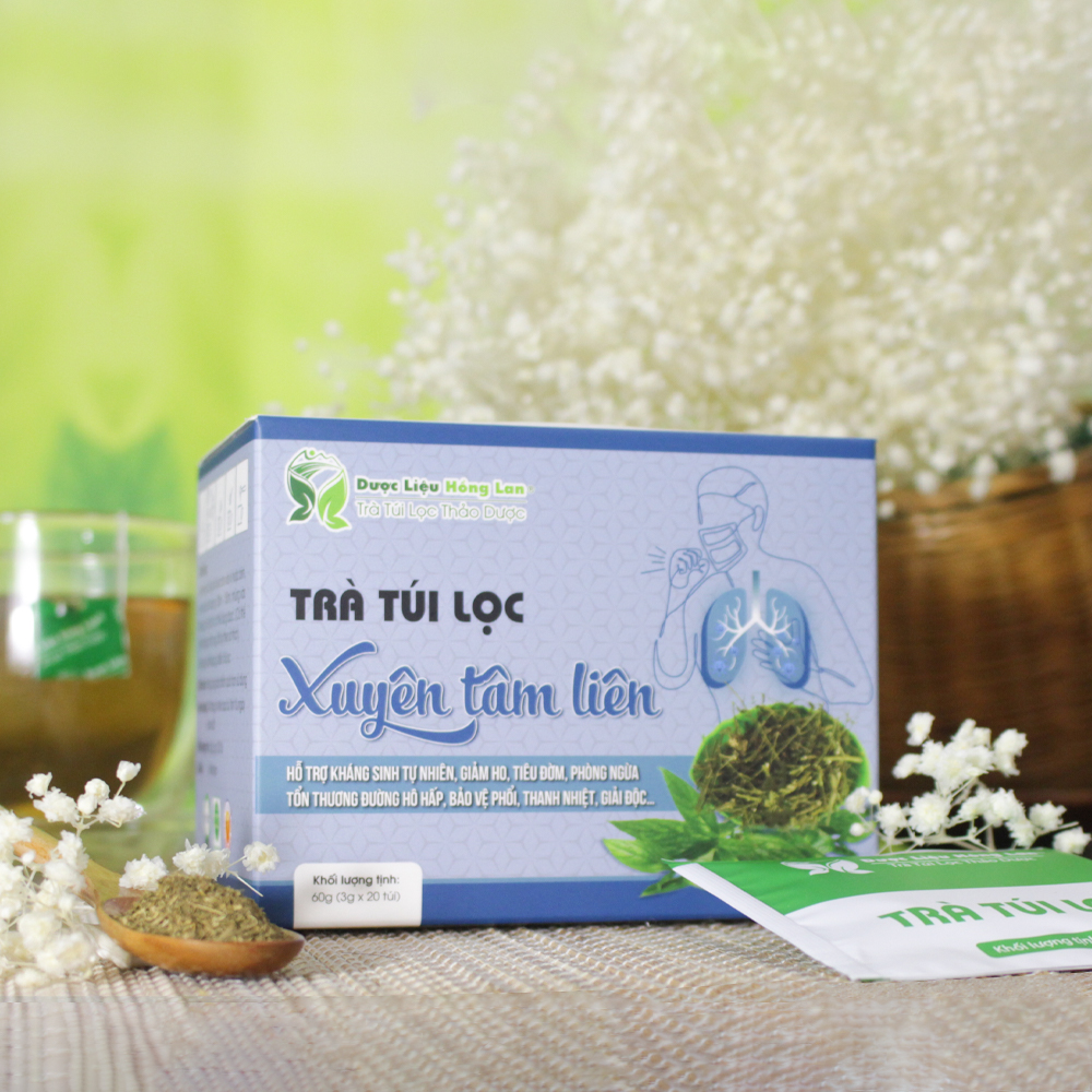 Trà Xuyên Tâm Liên túi lọc hộp 60g Cty Dược Liệu Hồng Lan - Giúp giảm ho, tiêu đờm, phòng ngừa tổn thương đường hô hấp, bảo vệ phổi, thanh nhiệt, giải độc…