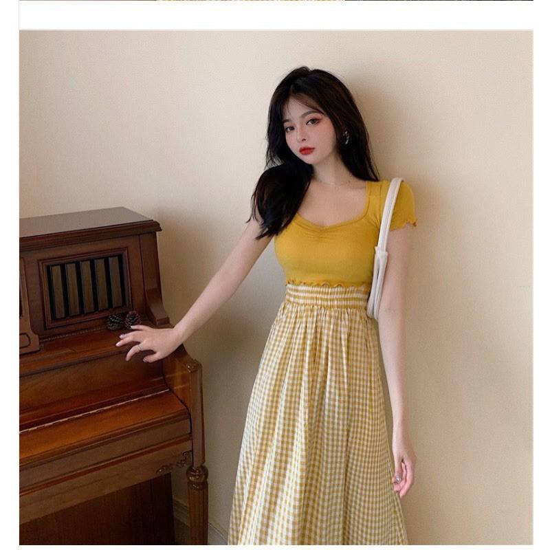 Set áo thun croptop phối váy caro xoè, Set tiểu thư cao cấp