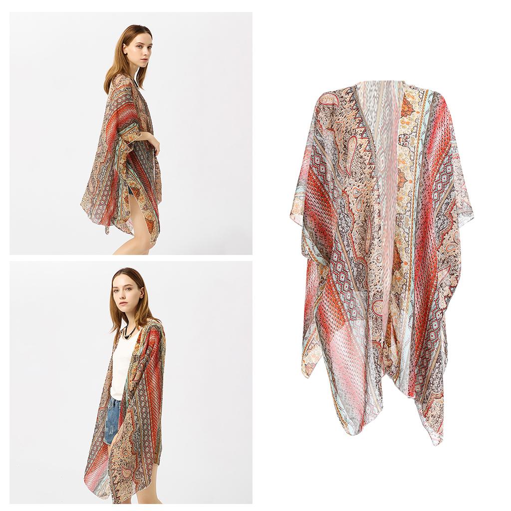Women's Summer Long Flowy Kimono Cardigans Boho Chiffon Floral Beach Cover Up Tops