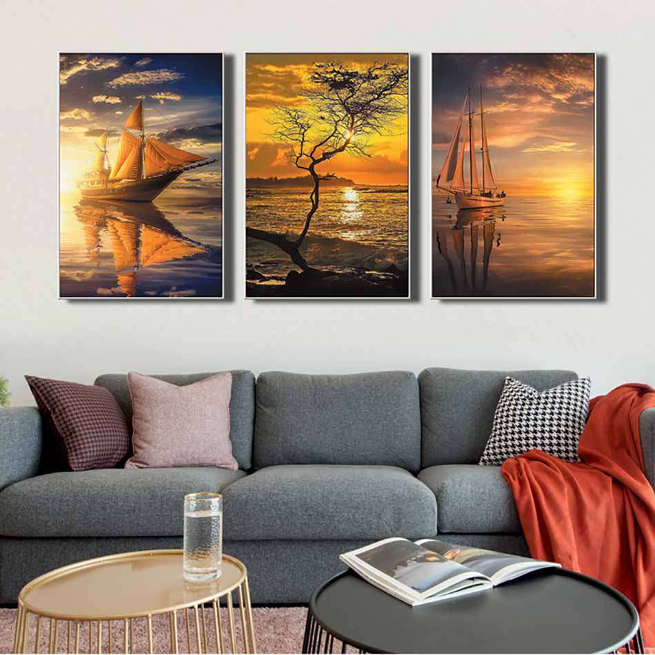 Bộ 3 tranh canvas treo tường Decor Hoàng hôn, thuyền và biển - DC205