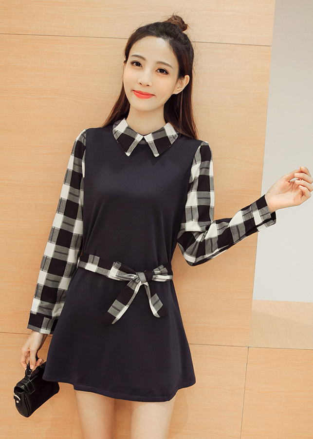 Đầm nữ cổ sơ mi phối caro da23