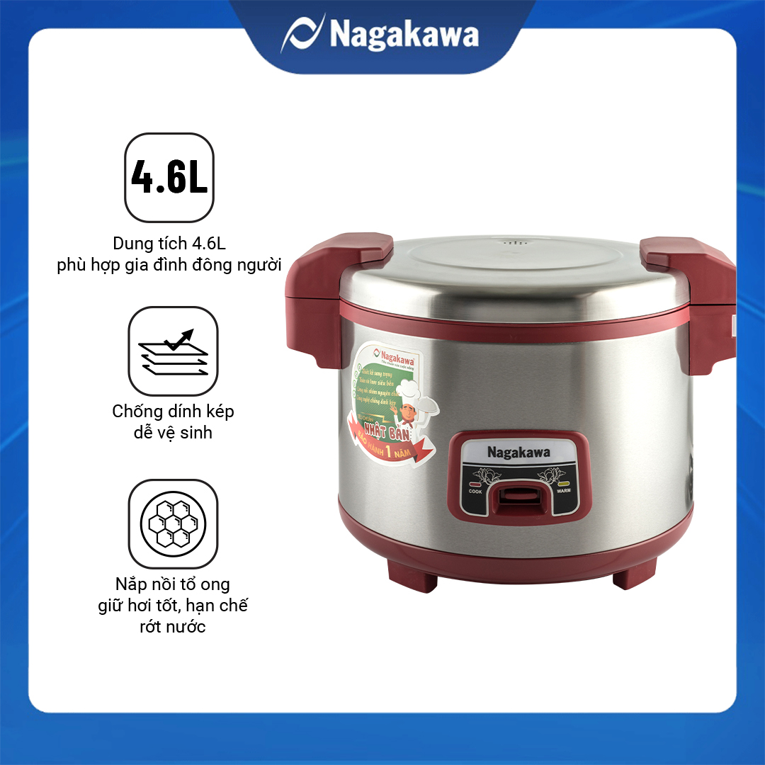 [Nhập CECAMP30KD5 giảm 30K] Nồi cơm điện Nagakawa nắp gài NAG0108 (4.6 Lít) - Hàng chính hãng