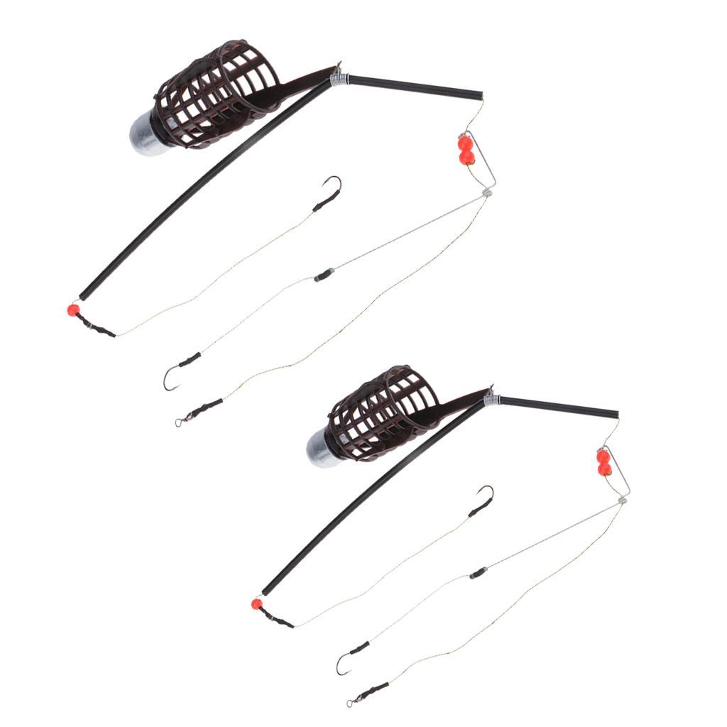 2pcs Fishing Feeder Basket Holder Fishing Bait Cage w/ Line 9# Hooks 30g/40g