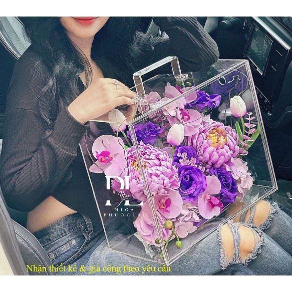 Acrylic Hộp hoa mica - Hộp vali đựng quà - đựng hoa quả bằng mica có quai xách