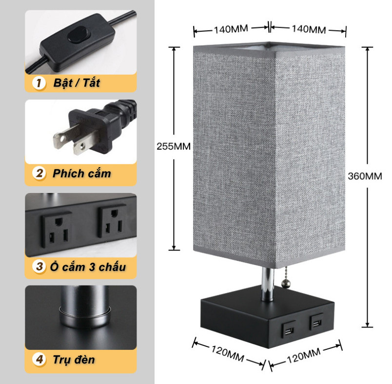 Đèn phòng ngủ Bedside Table Lamp để bàn , 2 cổng USB , 2 ổ cắm 3 chấu