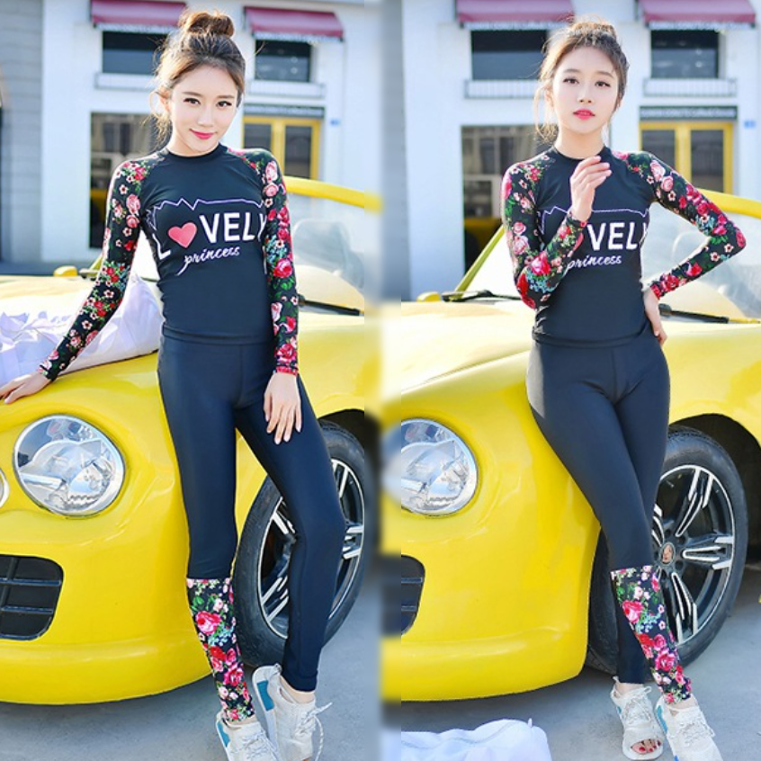 Đồ Bơi Hai Mảnh Nữ Tay Dài Quần Dài Họa Tiết Lovely Và Hoa Xinh AT228 MayHomes Long Sleeves And Long Pants Women Swimwear With UPF 50 Sun Protection