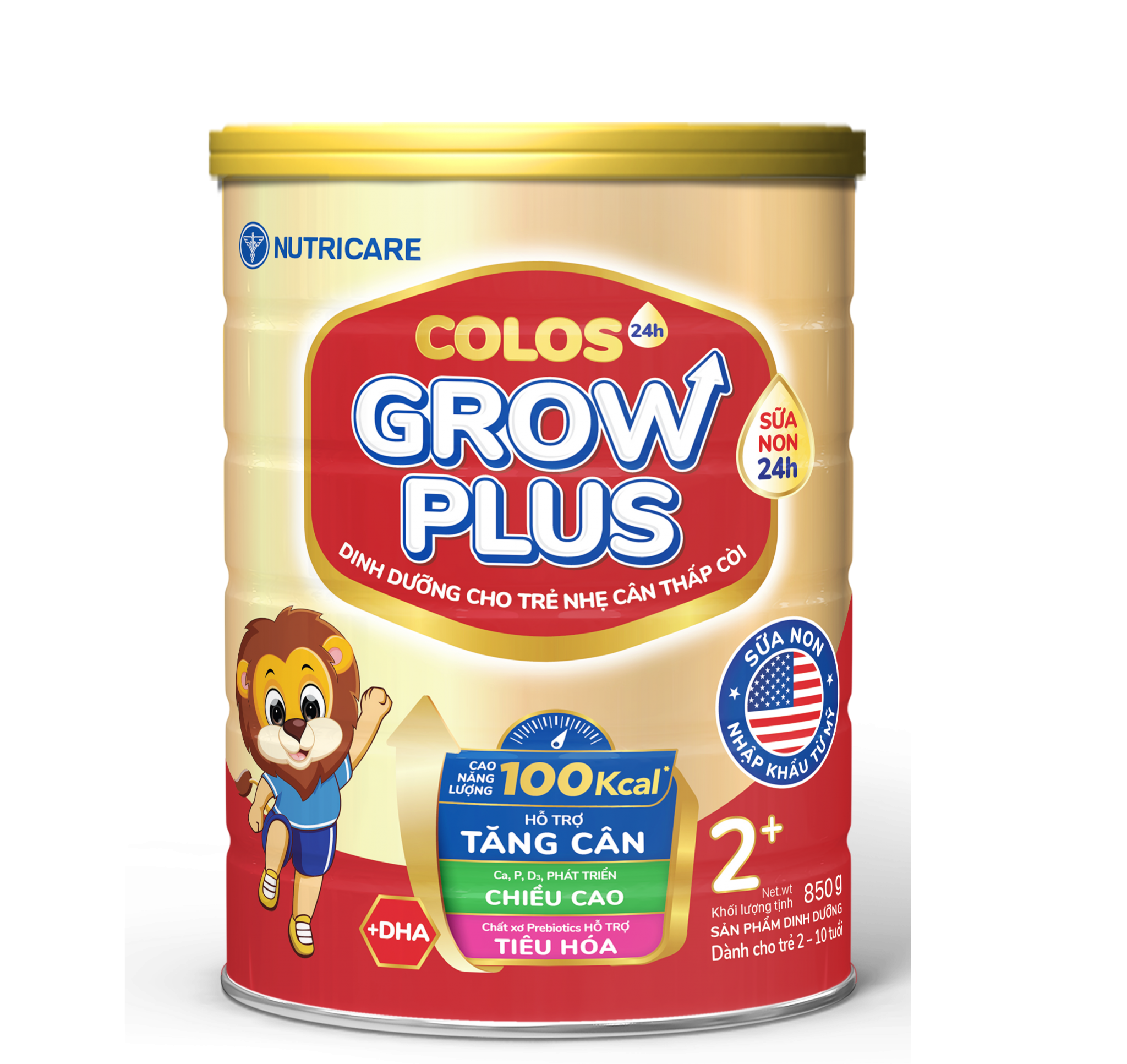 Sữa bột Nutricare Colos 24h Grow Plus 2+ lon 850g - giúp trẻ phát triển toàn diện