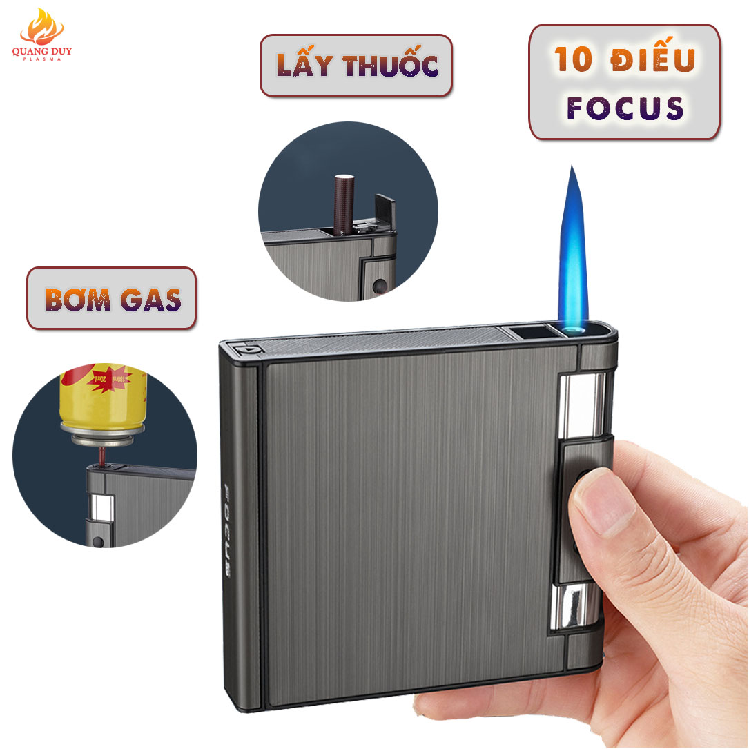 Hộp đựng thuốc Focus 10 điếu 20 điếu kiêm bật lửa khò 1 tia lấy thuốc sang trọng tiện lợi