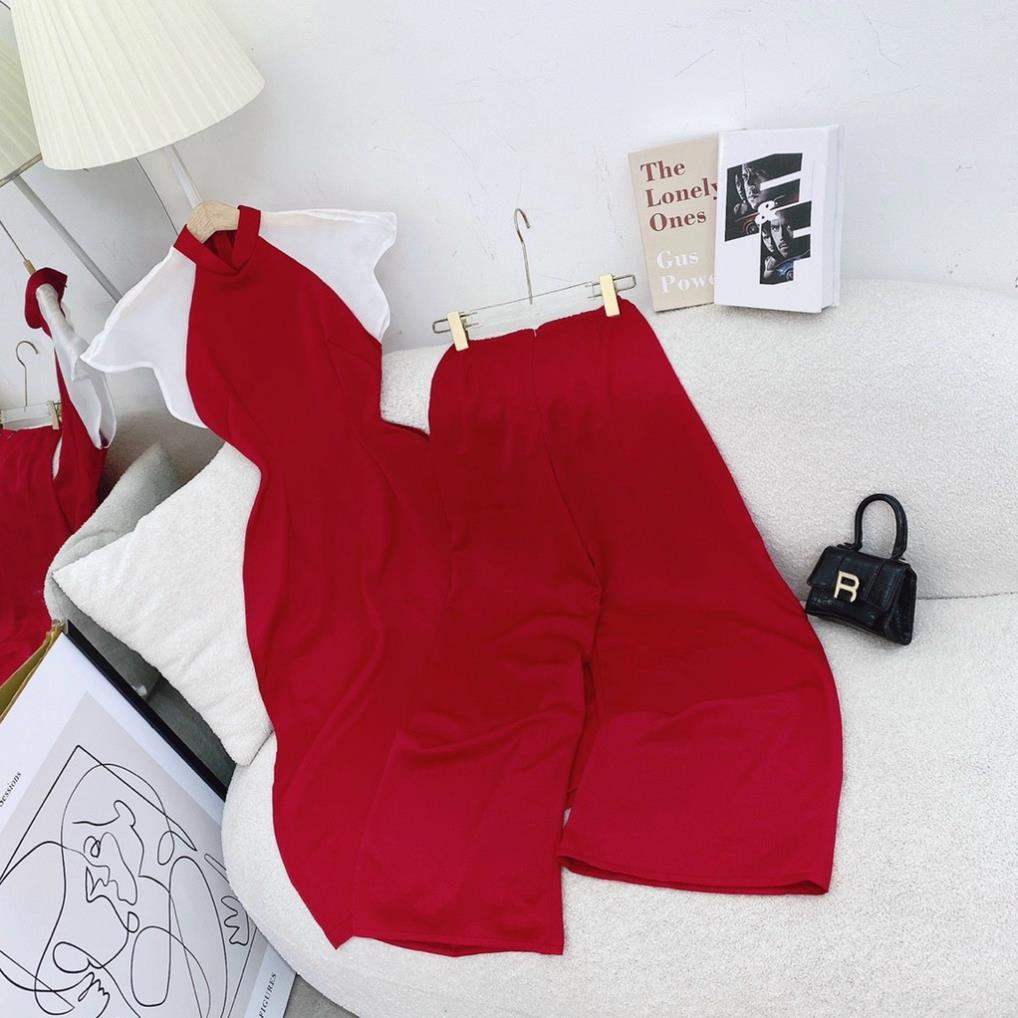 Set áo dài đỏ tay phối voan trắng bồng cánh tiên kèm quần suông đi chùa chúc tết nina lê