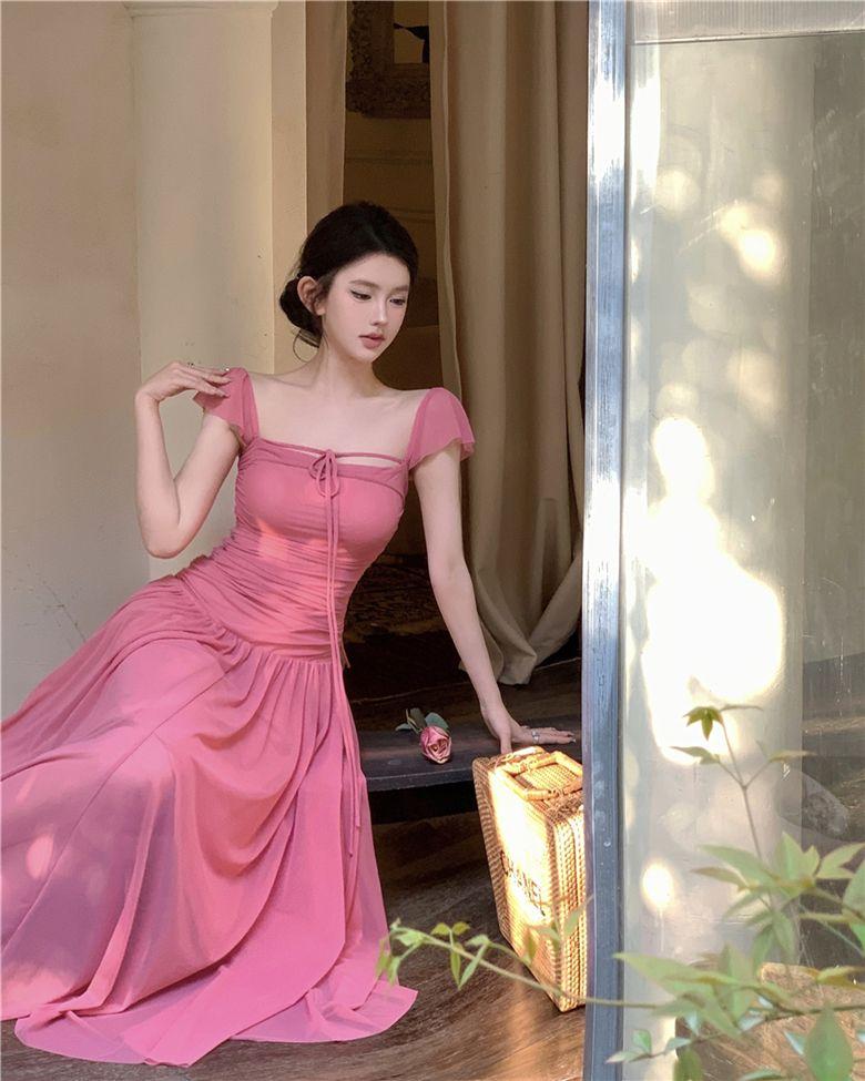 CHENGRUI Pháp ngọt ngào quần chúng lưới váy mùa hè nàng tiên khí chất thắt lưng hiển thị gầy váy xếp nếp nhẹ nhàng váy dài gió