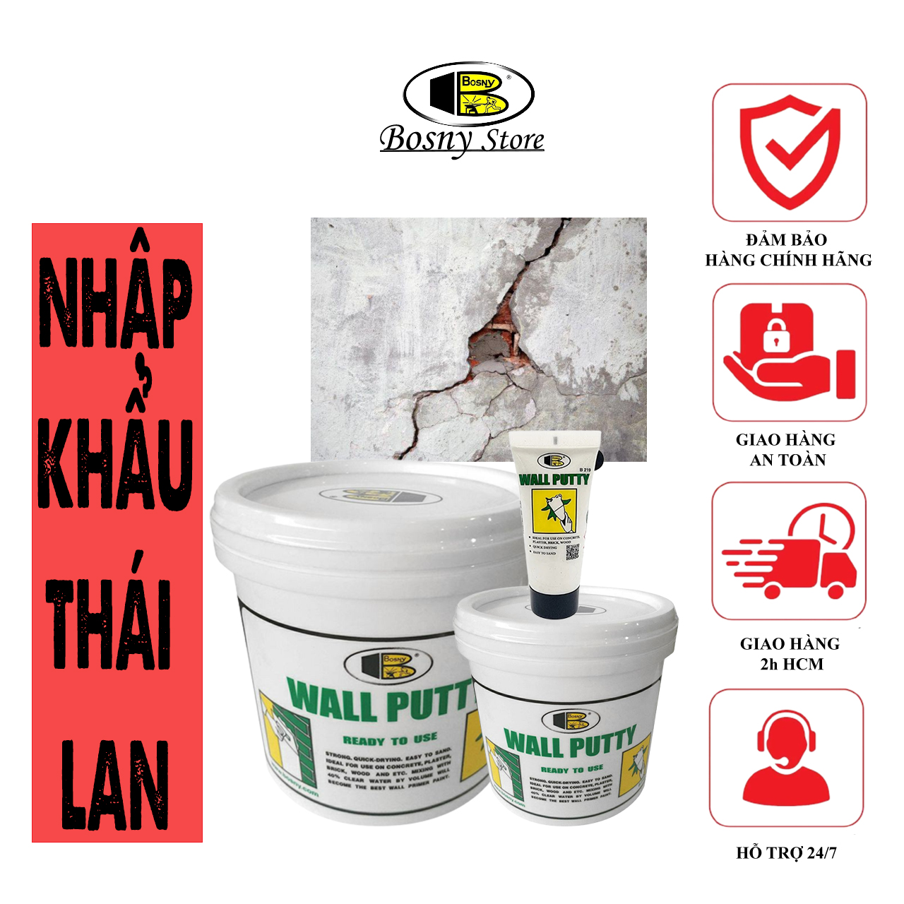 Bột trét tường chống thấm Wall Putty Bosny - Sửa chữa và trang trí tường nhà hiệu quả