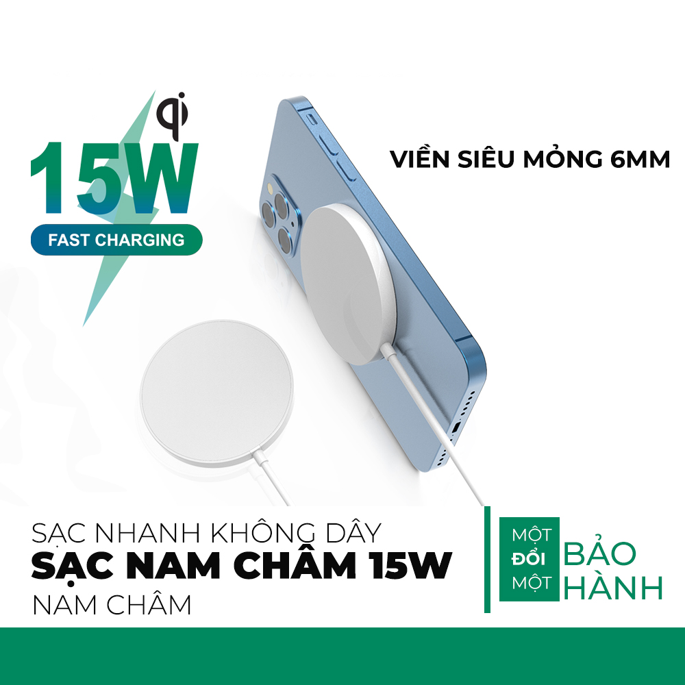 Đế sạc nhanh nam châm không dây15W kim loại viền siêu mỏng Hukey tương thích iphone 12 series, 11 và Android - Hàng chính hãng