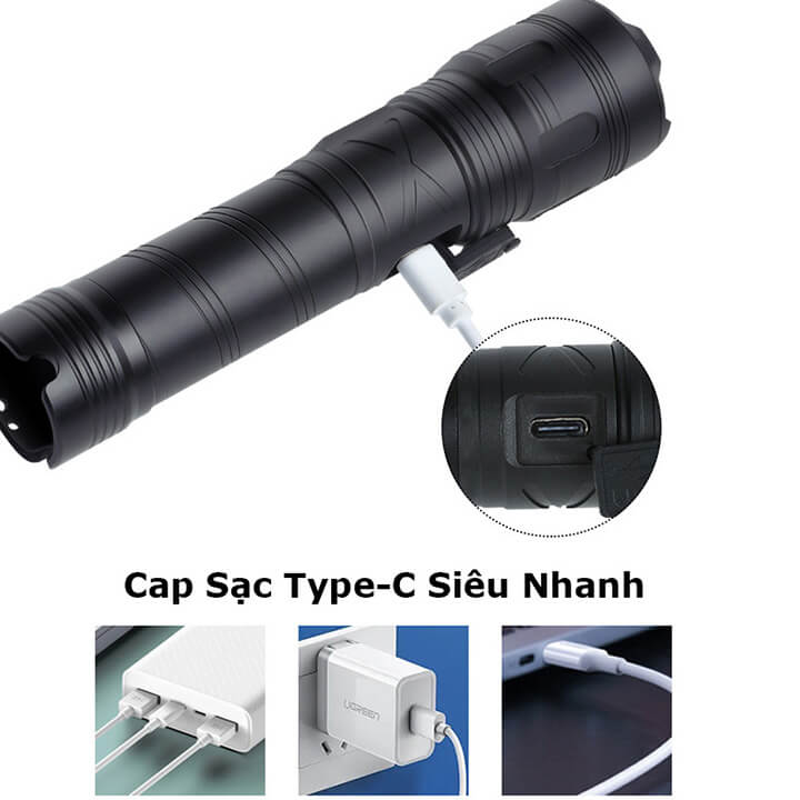 Đèn pin cầm tay siêu sáng chiếu xa 500m có Zoom xa gần, chip Led XHP50 tâm tròn, pin trấu, 7 chế độ sáng, chống nước IPX6