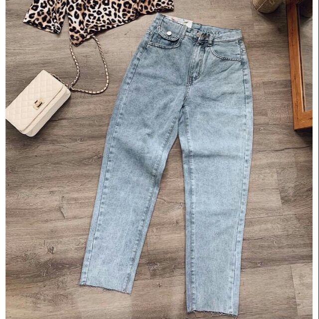 Quần baggy jeans nữ 1 túi đắp màu xanh nhạt