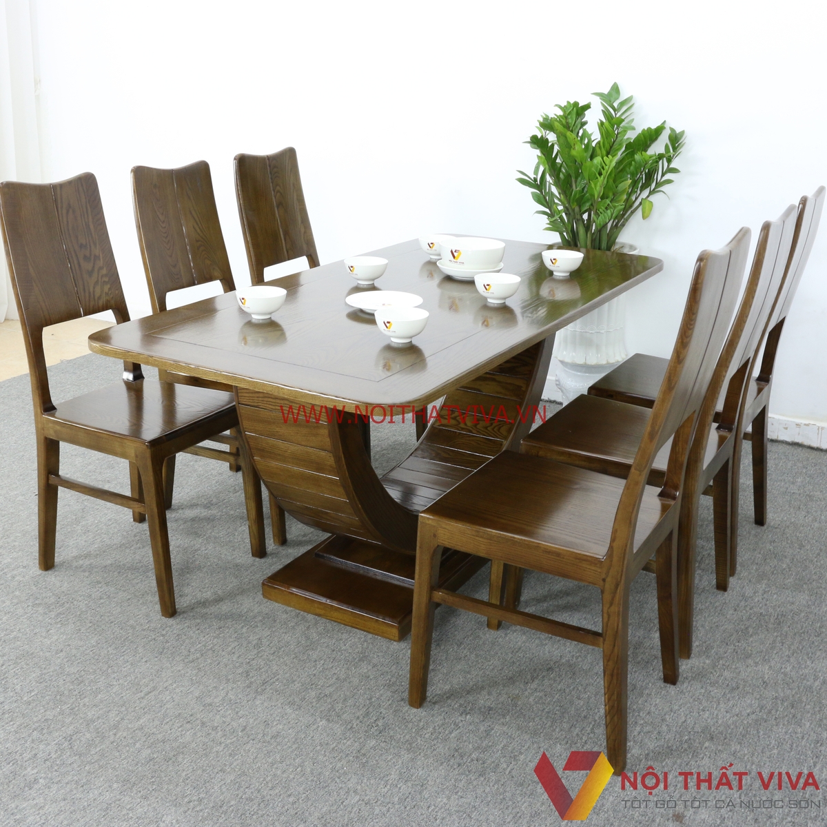Bộ Bàn Ăn 6 Ghế Gỗ Sồi Nga Chân Bán Nguyệt Màu Óc Chó Đẹp Giá Rẻ