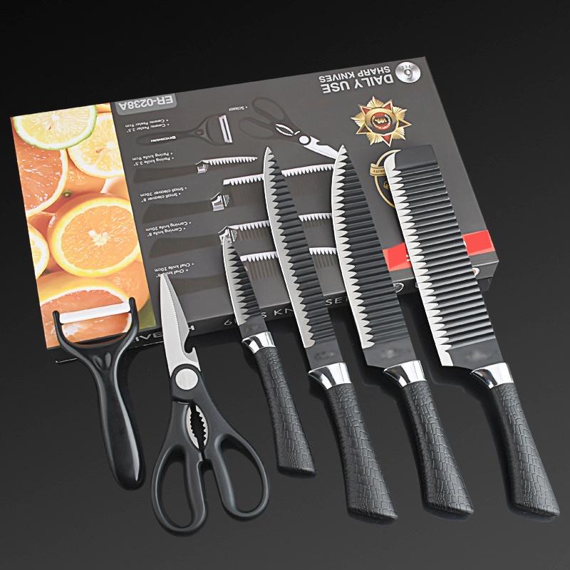 Bộ Dao + Kéo + Nạo Asakh Nhật 6 Món Làm Bếp, Lưỡi Sóng Crom Cao Cấp Ko Rỉ, Bền Đẹp
