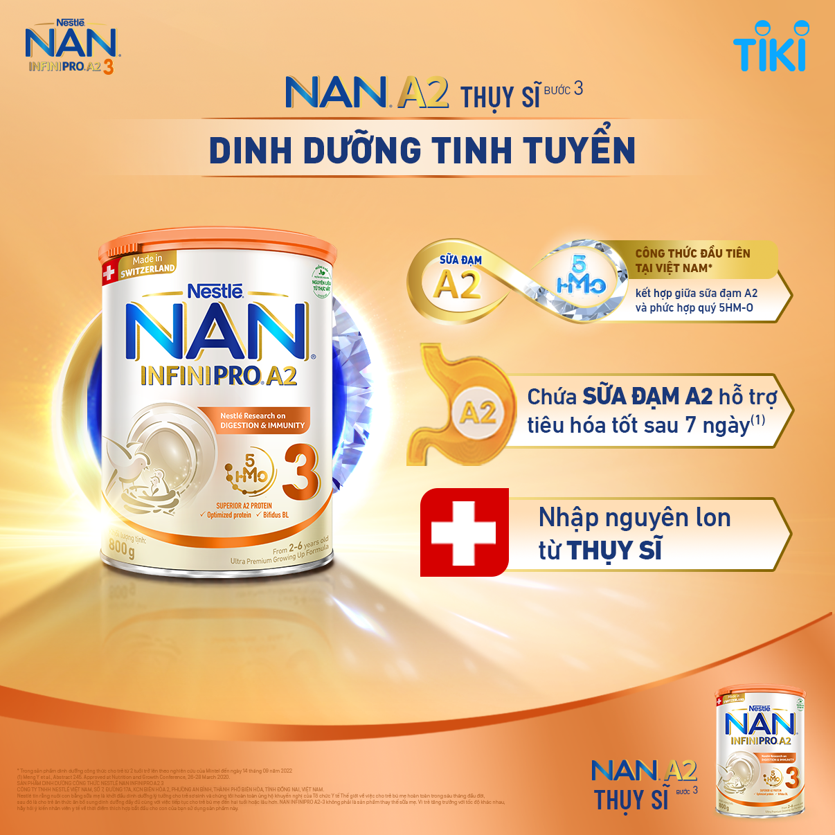 Sữa bột NAN INFINIPRO A2 Thụy Sĩ 3 800g với đạm quý A2 tiêu hóa tốt sau 7 ngày và 5HMO tăng cường đề kháng