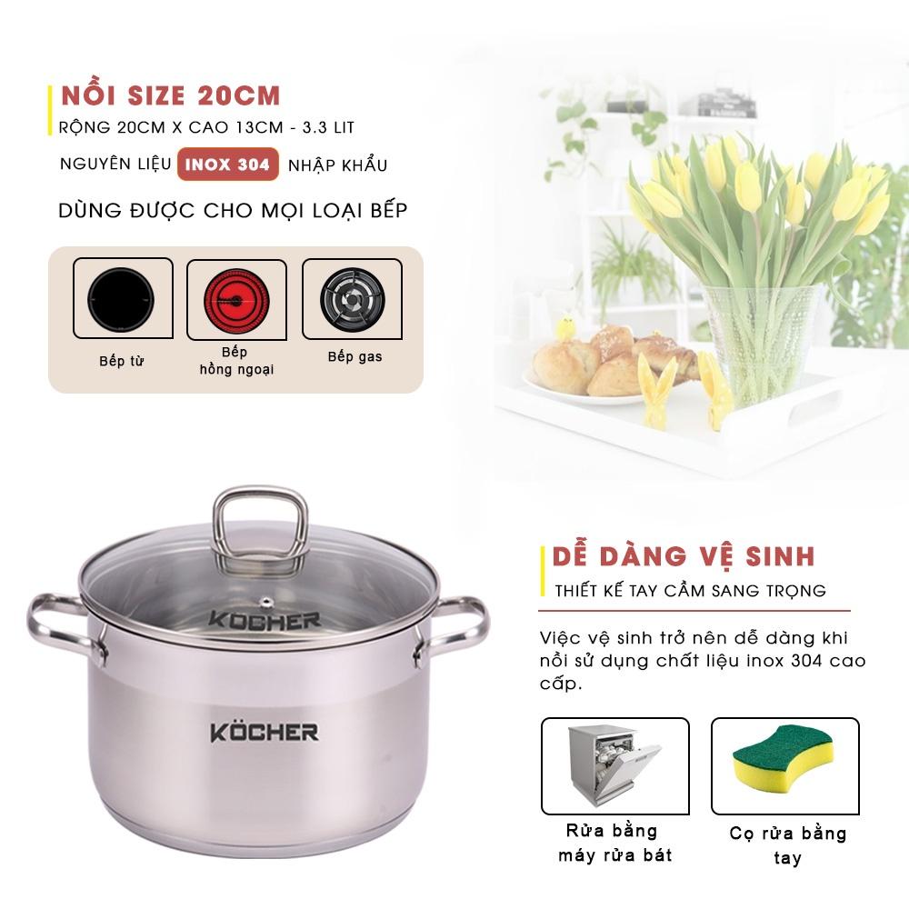 Nồi inox 304 nấu bếp từ 5 đáy cao cấp KOCHER size 20cm - Hàng chính hãng